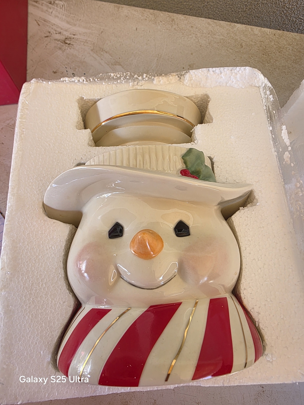Lenox Cream Snowman Cookie Jar with Red Striped Scarf and Gold Trim